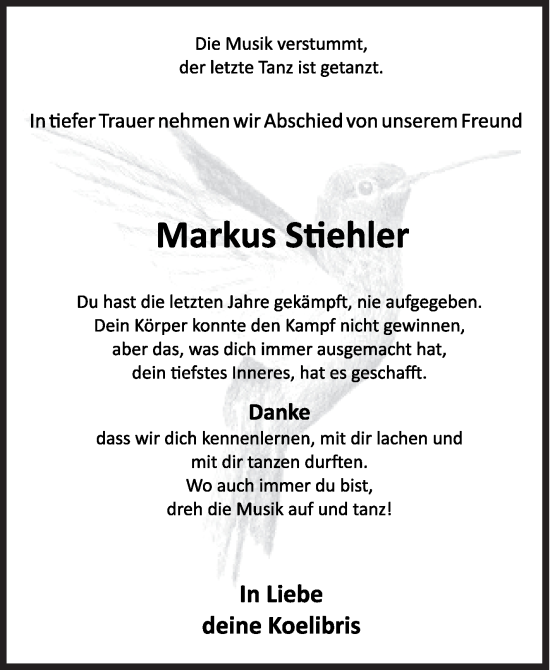 Traueranzeige von Markus Stiehler von Siegener Zeitung