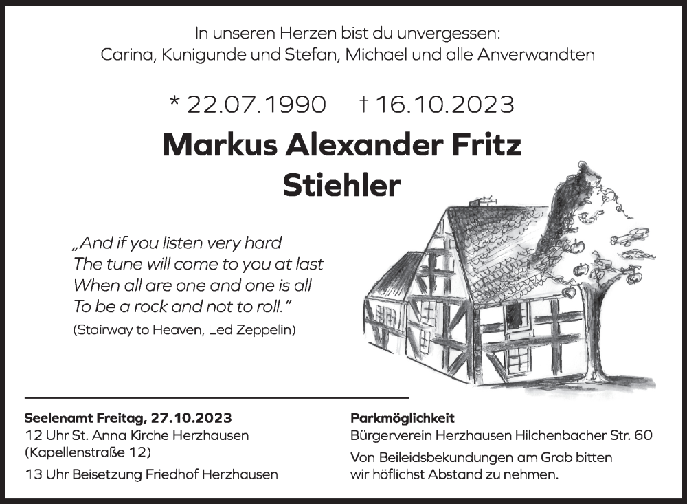  Traueranzeige für Markus Alexander Fritz Stiehler vom 21.10.2023 aus Siegener Zeitung