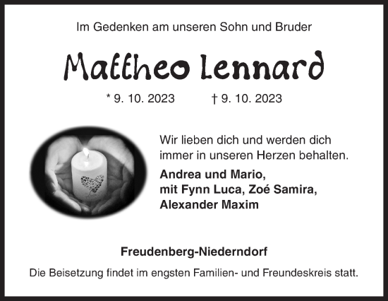 Traueranzeige von Mattheo Lennard von Siegener Zeitung