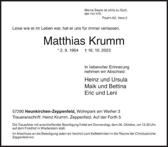 Traueranzeige von Matthias Krumm von Siegener Zeitung