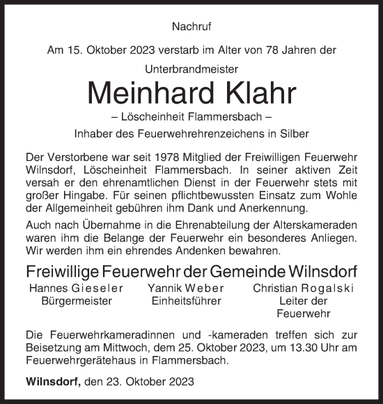 Traueranzeige von Meinhard Klahr von Siegener Zeitung