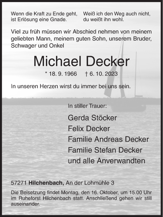 Traueranzeige von Michael Decker von Siegener Zeitung