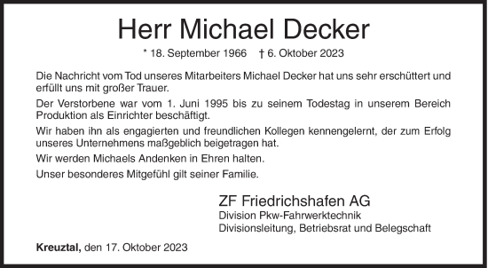 Traueranzeige von Michael Decker von Siegener Zeitung