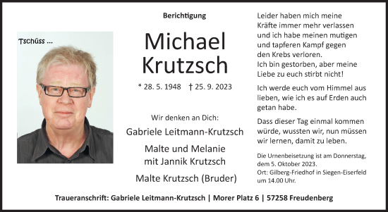 Traueranzeige von Michael Krutzsch von Siegener Zeitung