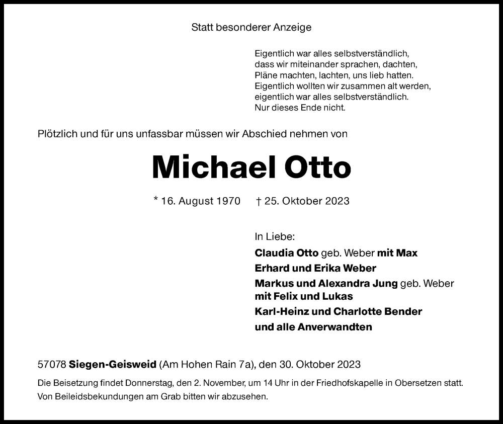  Traueranzeige für Michael Otto vom 30.10.2023 aus Siegener Zeitung