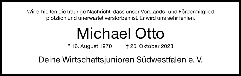  Traueranzeige für Michael Otto vom 31.10.2023 aus Siegener Zeitung
