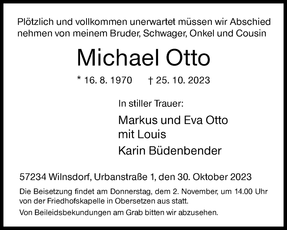  Traueranzeige für Michael Otto vom 30.10.2023 aus Siegener Zeitung