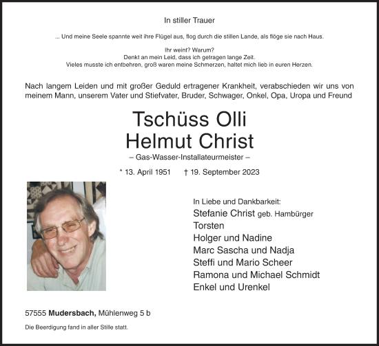 Traueranzeige von Olli Helmut Christ von Siegener Zeitung