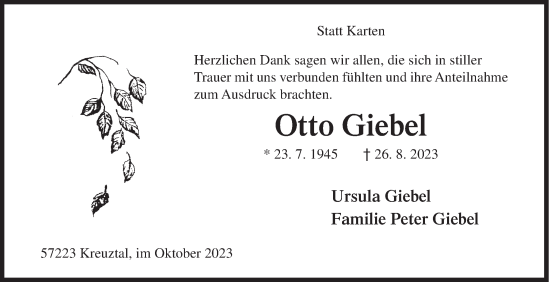 Traueranzeige von Otto Giebel von Siegener Zeitung