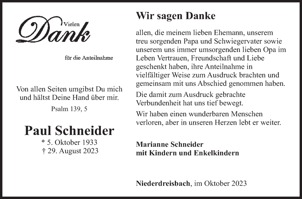  Traueranzeige für Paul Schneider vom 28.10.2023 aus Siegener Zeitung
