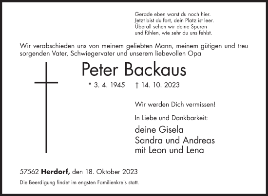 Traueranzeige von Peter Backaus von Siegener Zeitung