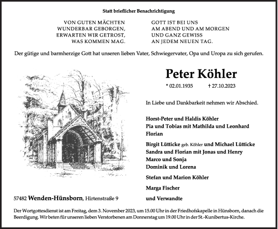 Traueranzeige von Peter Köhler von Siegener Zeitung