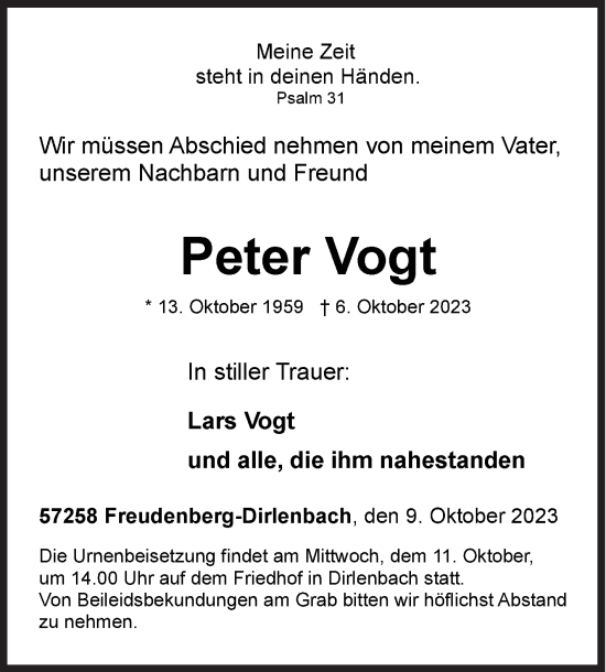 Traueranzeige von Peter Vogt von Siegener Zeitung