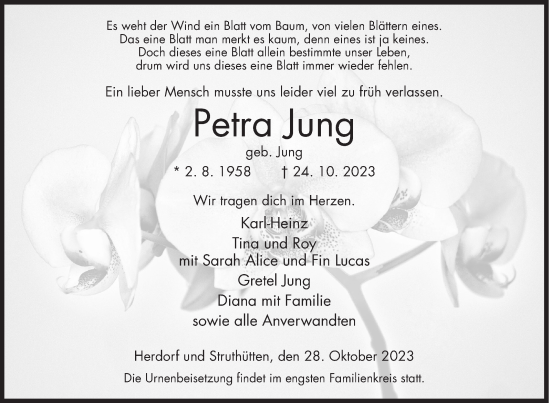 Traueranzeige von Petra Jung von Siegener Zeitung