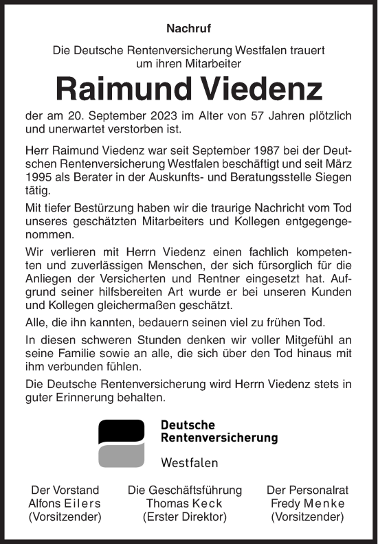 Traueranzeige von Raimund Viedenz von Siegener Zeitung