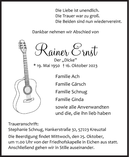 Traueranzeige von Rainer Ernst von Siegener Zeitung