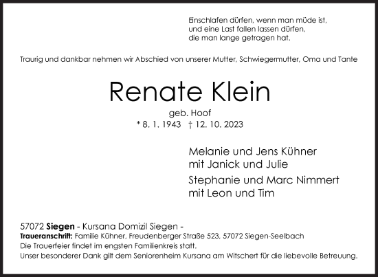 Traueranzeige von Renate Klein von Siegener Zeitung