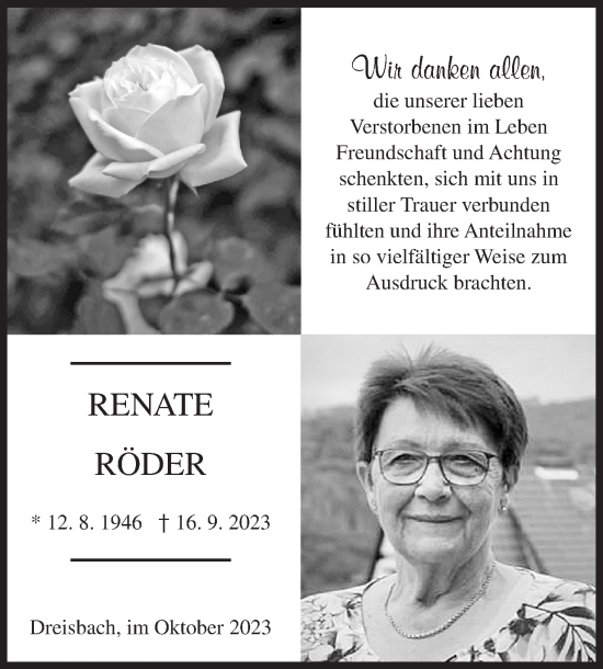 Traueranzeige von Renate Röder von Siegener Zeitung