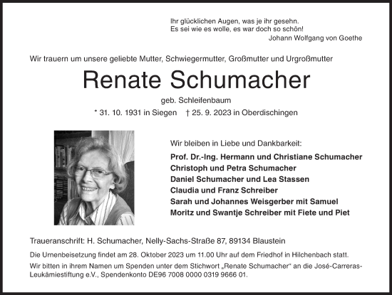 Traueranzeige von Renate Schumacher von Siegener Zeitung