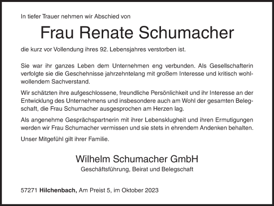 Traueranzeige von Renate Schumacher von Siegener Zeitung