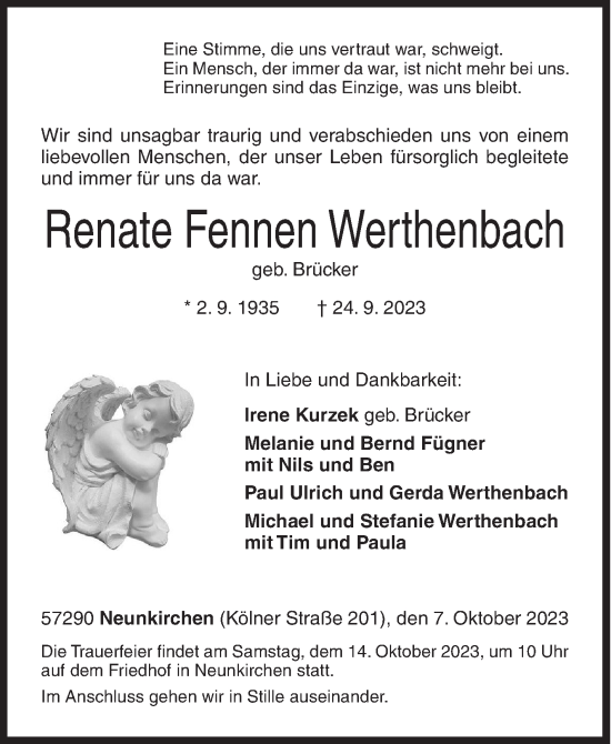 Traueranzeige von Renate Fennen Werthenbach von Siegener Zeitung