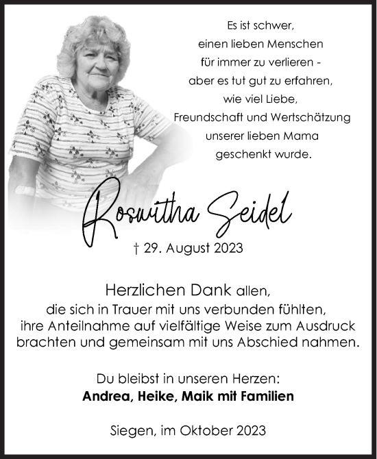 Traueranzeige von Roswitha Seidel von Siegener Zeitung