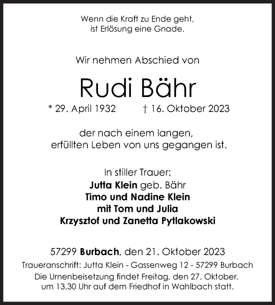 Traueranzeige von Rudi Bähr von Siegener Zeitung