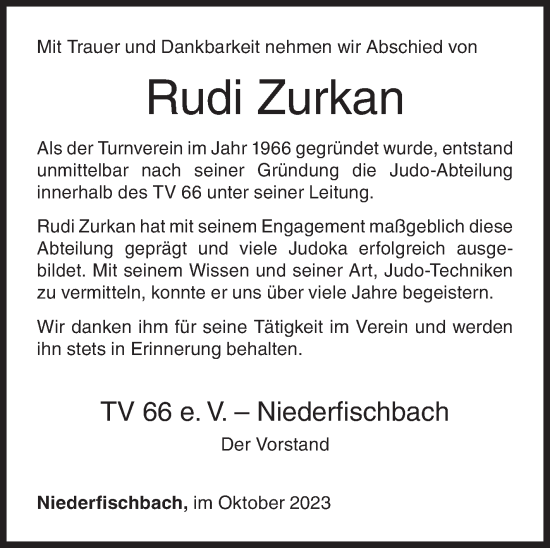 Traueranzeige von Rudi Zurkan von Siegener Zeitung