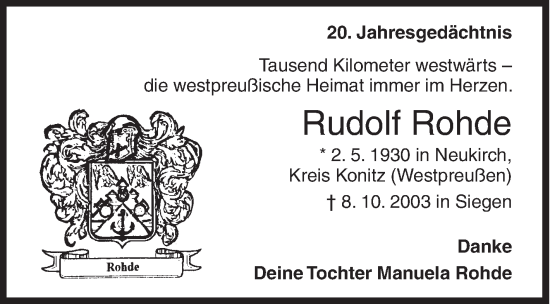 Traueranzeige von Rudolf Rohde von Siegener Zeitung
