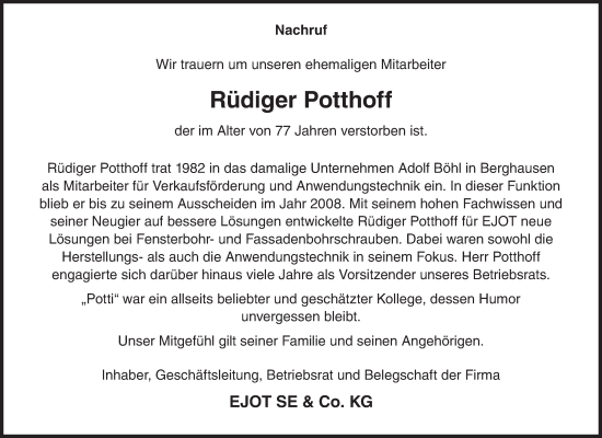Traueranzeige von Rüdiger Potthoff von Siegener Zeitung