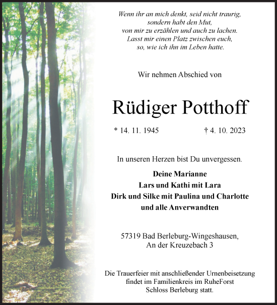 Traueranzeige von Rüdiger Potthoff von Siegener Zeitung