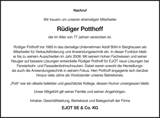Traueranzeige von Rüdiger Potthoff von Siegener Zeitung