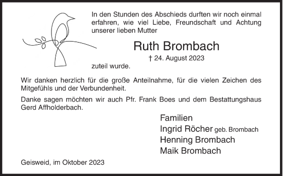 Traueranzeige von Ruth Brombach von Siegener Zeitung