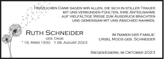 Traueranzeige von Ruth Schneider von Siegener Zeitung