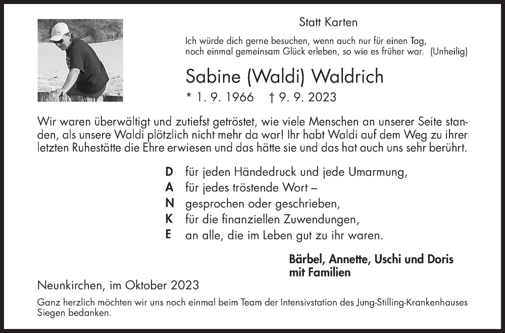  Traueranzeige für Sabine Waldrich vom 21.10.2023 aus Siegener Zeitung
