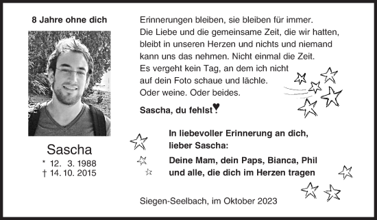 Traueranzeige von Sascha  von Siegener Zeitung