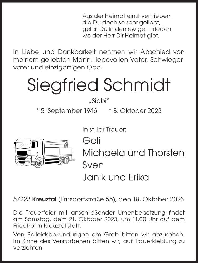  Traueranzeige für Siegfried  Schmidt vom 18.10.2023 aus Siegener Zeitung