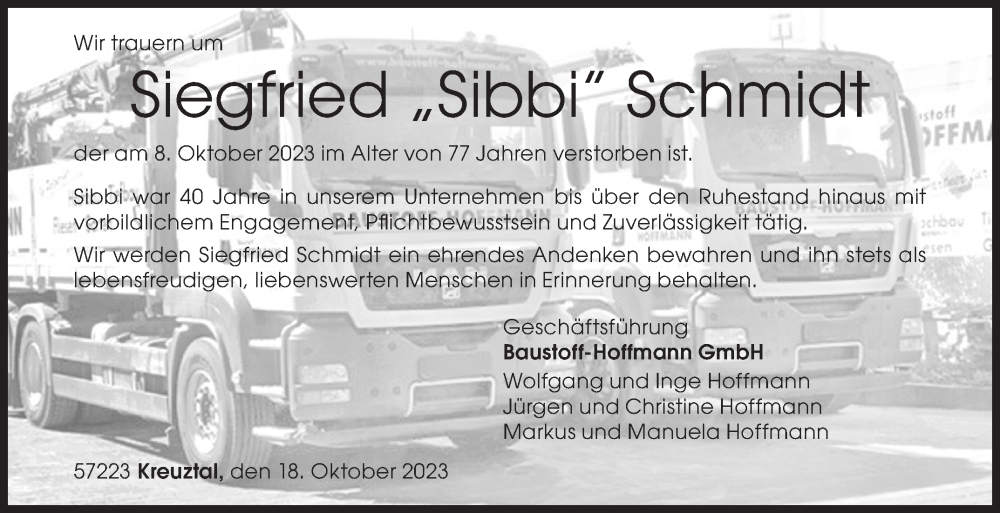  Traueranzeige für Siegfried  Schmidt vom 18.10.2023 aus Siegener Zeitung