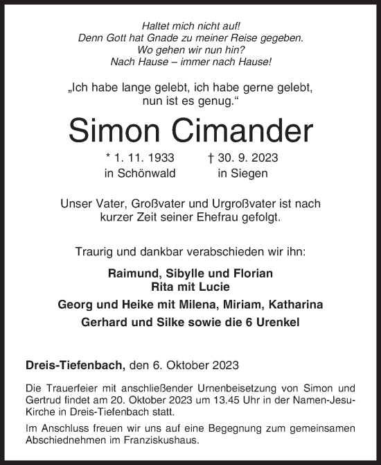 Traueranzeige von Simon Cimander von Siegener Zeitung
