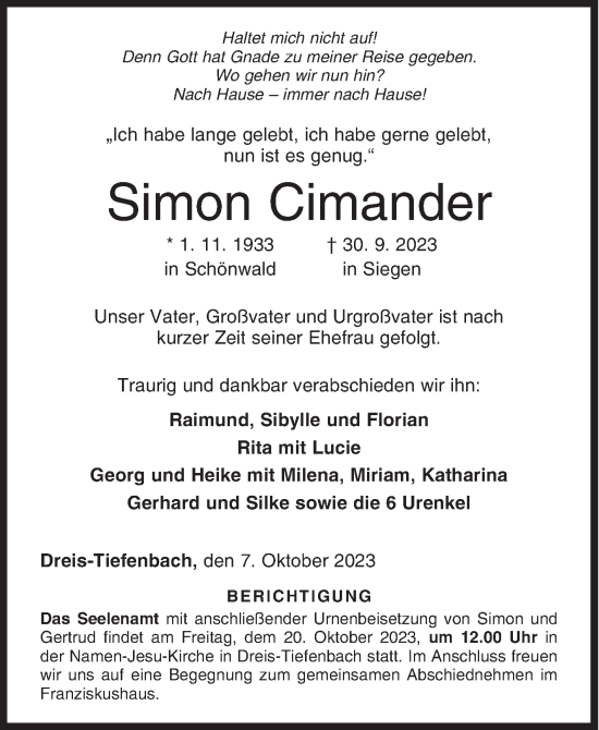 Traueranzeige von Simon Cimander von Siegener Zeitung