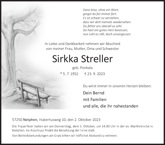 Traueranzeige von Sirkka Streller von Siegener Zeitung