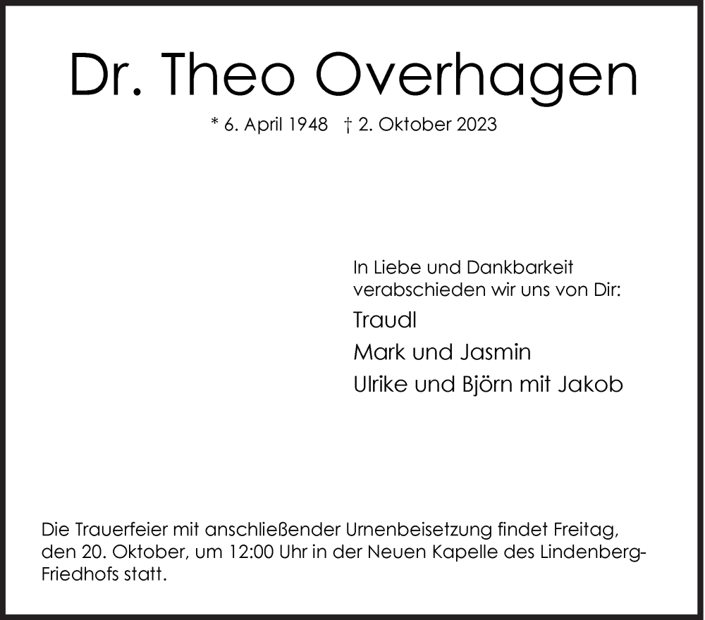  Traueranzeige für Theo Overhagen vom 07.10.2023 aus Siegener Zeitung