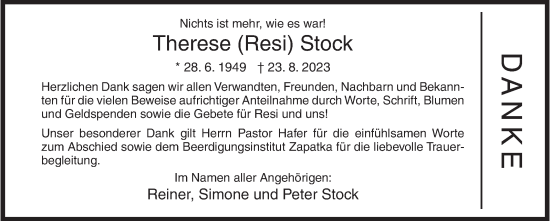 Traueranzeige von Therese Stock von Siegener Zeitung