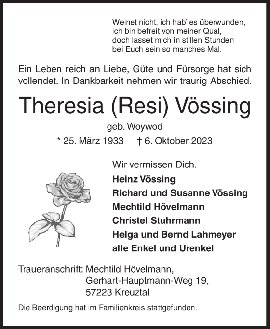 Traueranzeige von Theresia  Vössing von Siegener Zeitung
