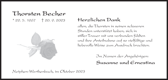 Traueranzeige von Thorsten Becher von Siegener Zeitung