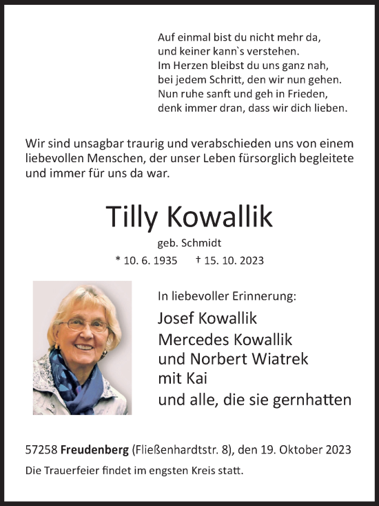 Traueranzeige von Tilly Kowallik von Siegener Zeitung