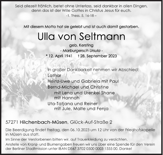 Traueranzeige von Ulla von Seltmann von Siegener Zeitung