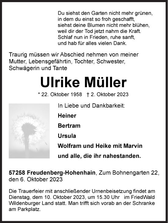 Traueranzeige von Ulrike Müller von Siegener Zeitung