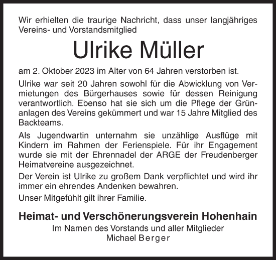Traueranzeige von Ulrike Müller von Siegener Zeitung