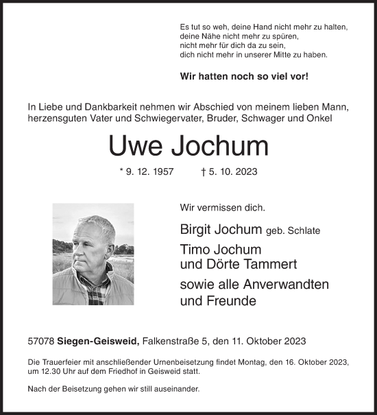 Traueranzeige von Uwe Jochum von Siegener Zeitung